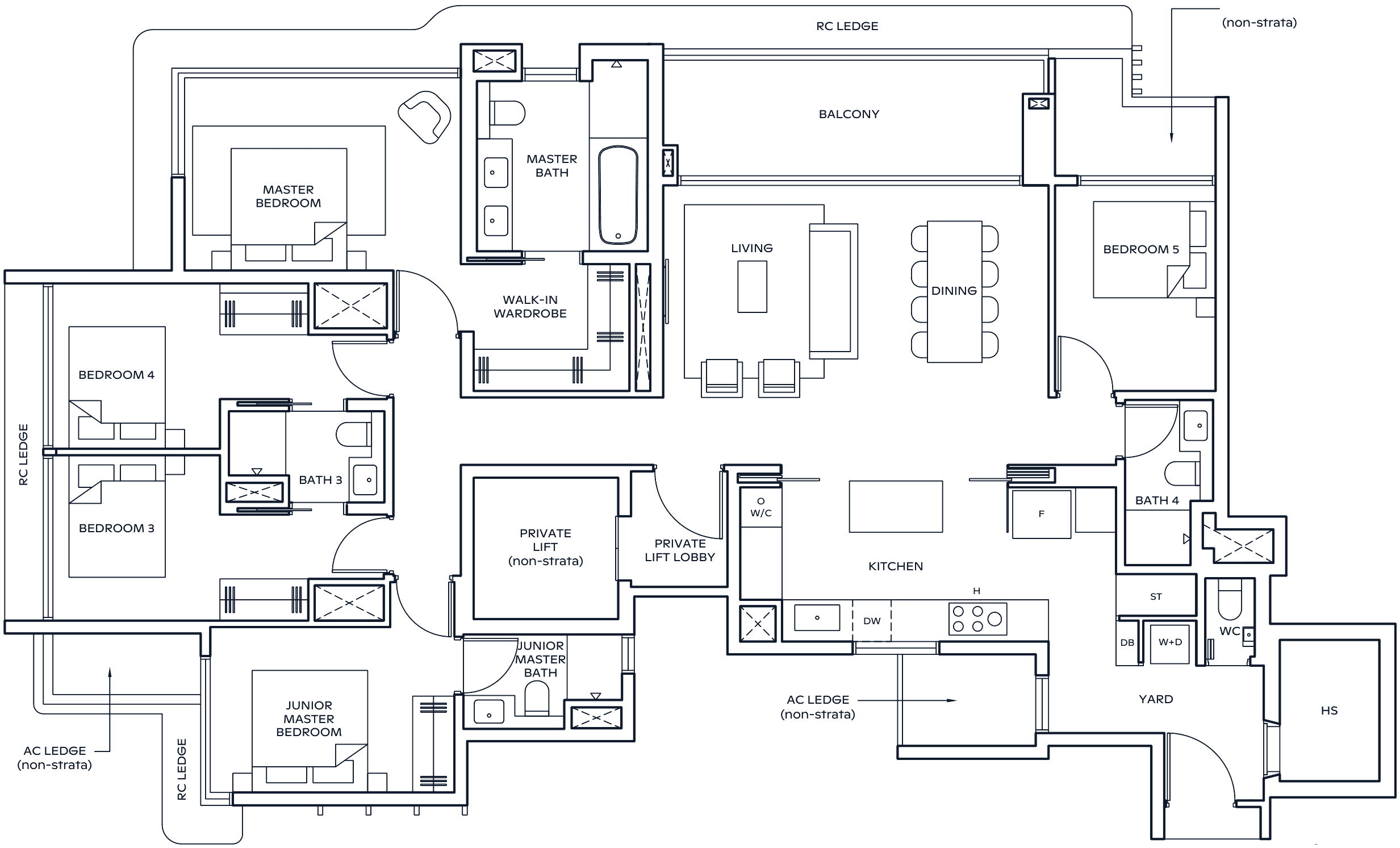 Floor plan of type E1 (L), 5-Bedroom Suite
