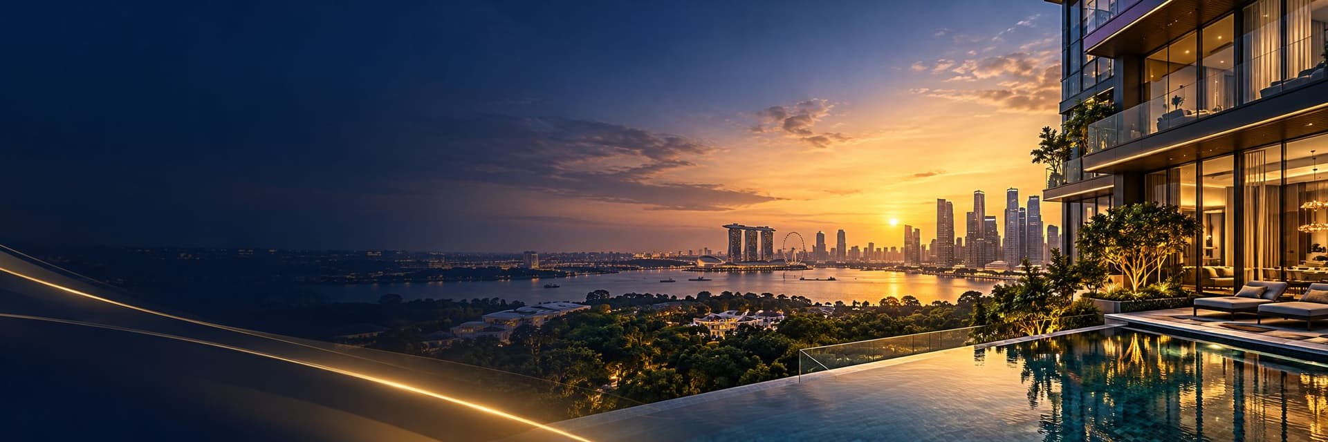 Terrace pool facing Marina Bay at sunset