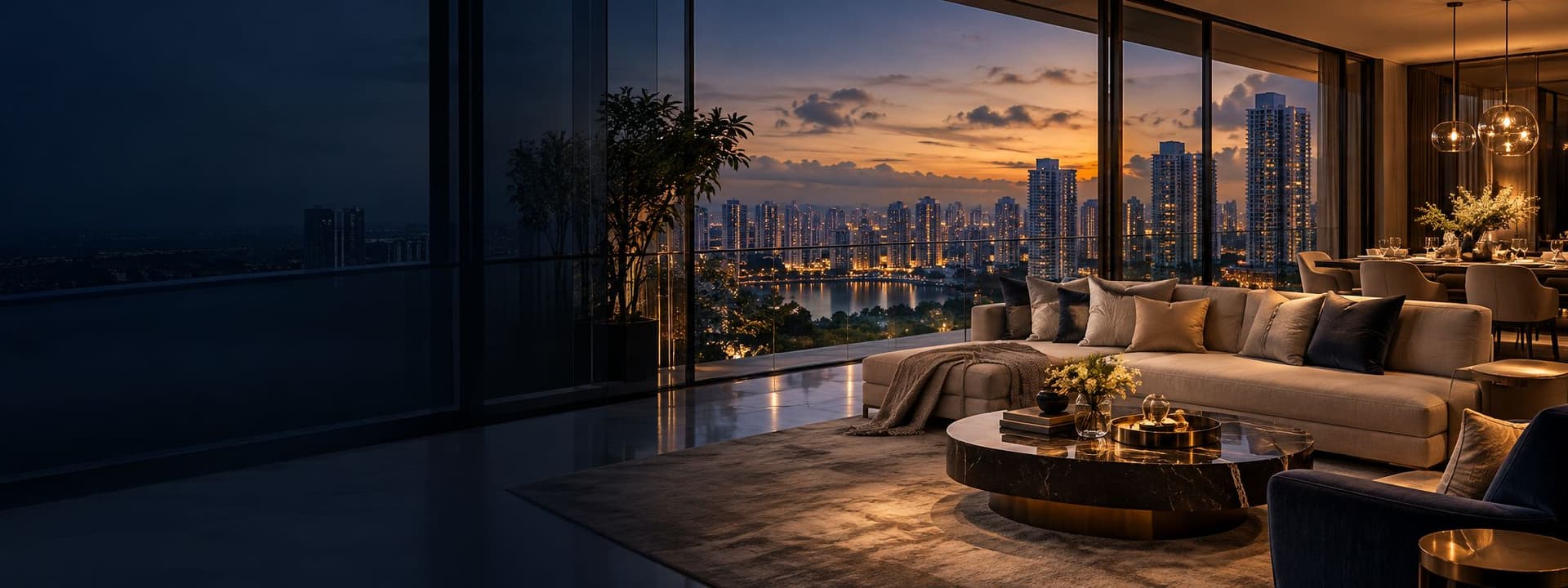 Singapore skyline at dusk seen from a living room