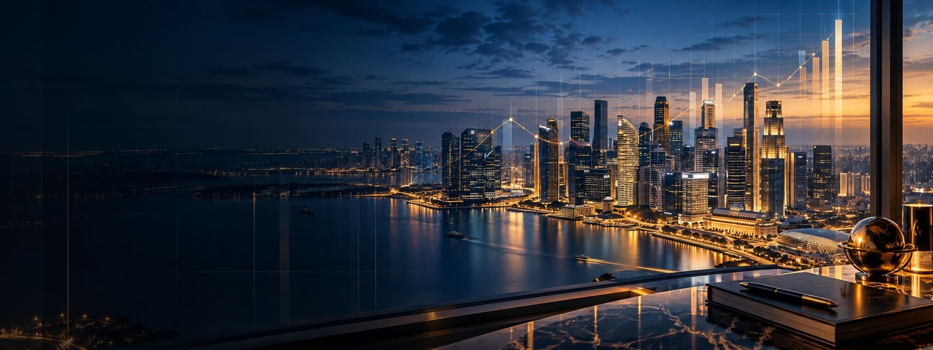 City skyline at dusk with rising bar lines over the towers