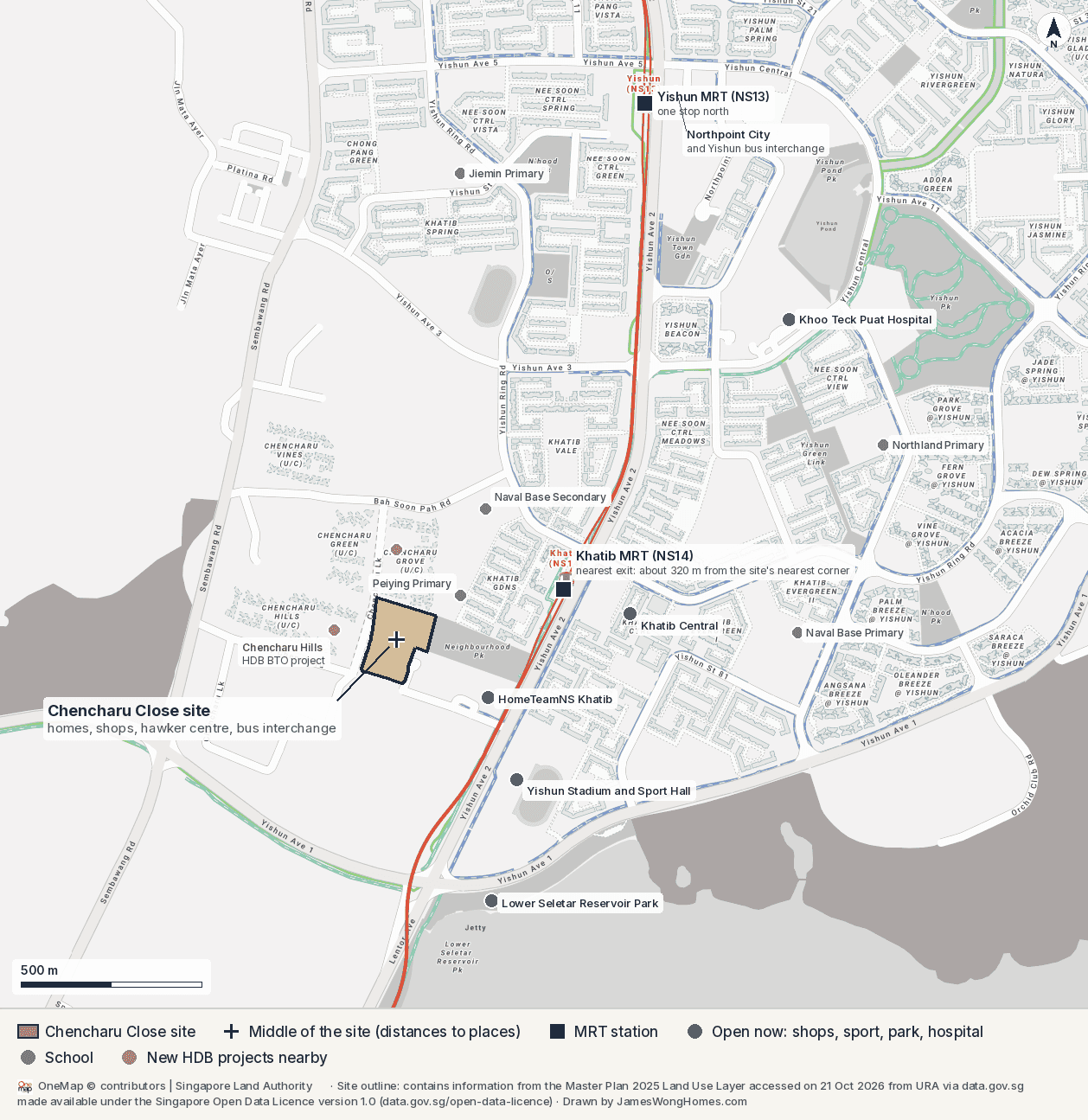 Map of Khatib and Yishun. The Chencharu Close site, outlined in gold, sits west of Khatib MRT station, beside the neighbourhood park and HomeTeamNS Khatib, with Peiying Primary School just to its north-east and the new Chencharu Hills and Chencharu Grove HDB projects to its west and north. Yishun MRT, Northpoint City and Khoo Teck Puat Hospital are about 1.4 to 1.7 km to the north-east, Yishun Stadium and Lower Seletar Reservoir Park to the south.