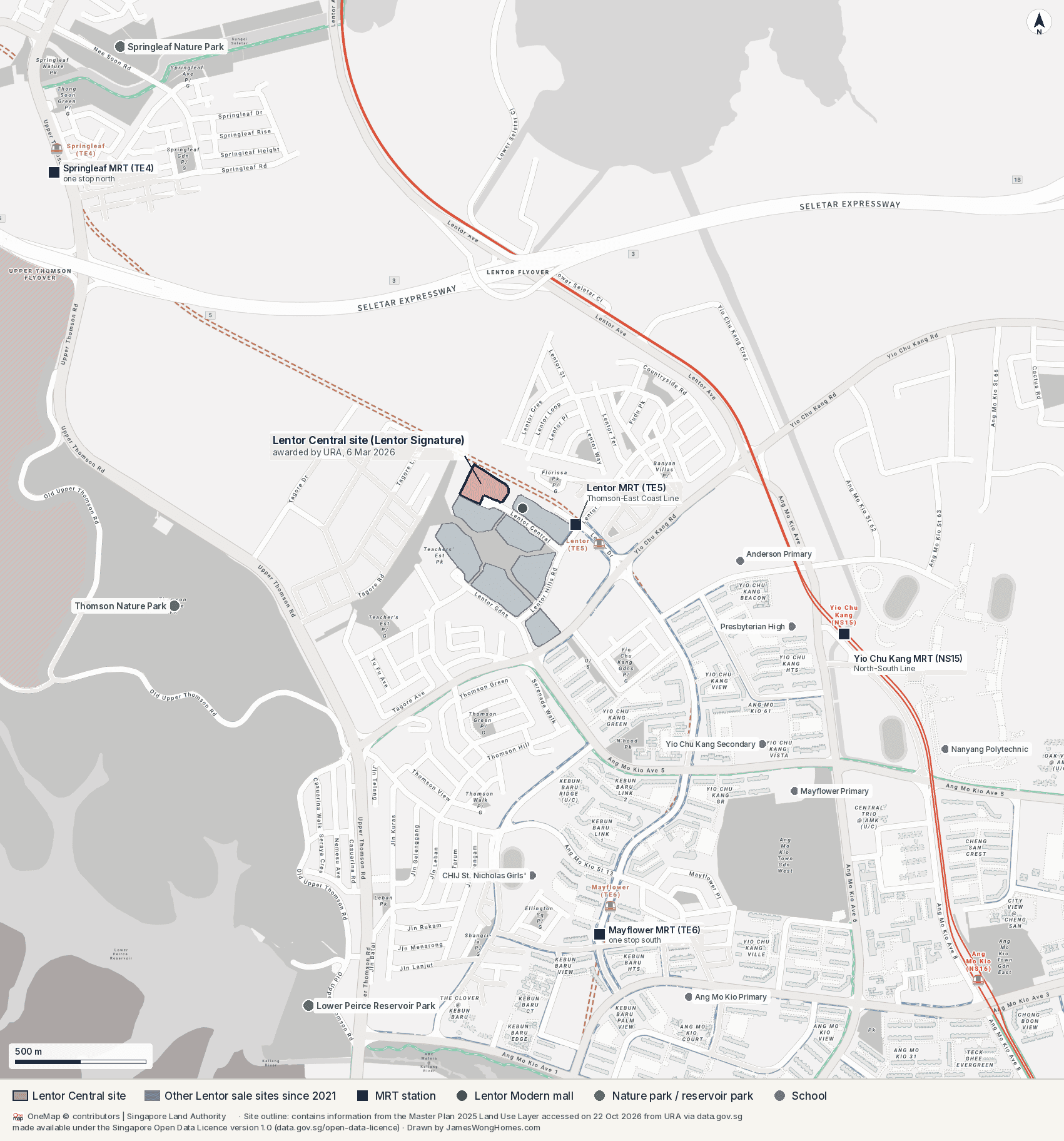 Map of Lentor and its surroundings. The Lentor Central site, outlined in gold, sits at the north-west corner of the cluster of new Lentor condominium sites, a few hundred metres west of Lentor MRT on the Thomson-East Coast Line. Thomson Nature Park lies to the west across Upper Thomson Road, Lower Peirce Reservoir Park to the south-west, Springleaf MRT and Springleaf Nature Park to the north-west, and Yio Chu Kang MRT, Anderson Primary, Presbyterian High and Nanyang Polytechnic to the east and south-east.