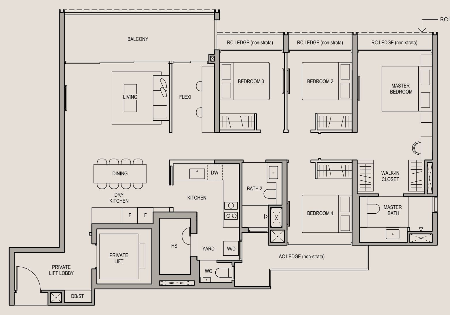 Floor plan of the Bloomsbury Residences four-bedroom suite plus flexi, type D3, 132 sq m (1,421 sq ft): a private lift and lobby at the entrance beside the dry kitchen and dining area, a kitchen and yard behind it, three bedrooms along the balcony side, a fourth bedroom beside the second bathroom, and a flexi space beside the living room.