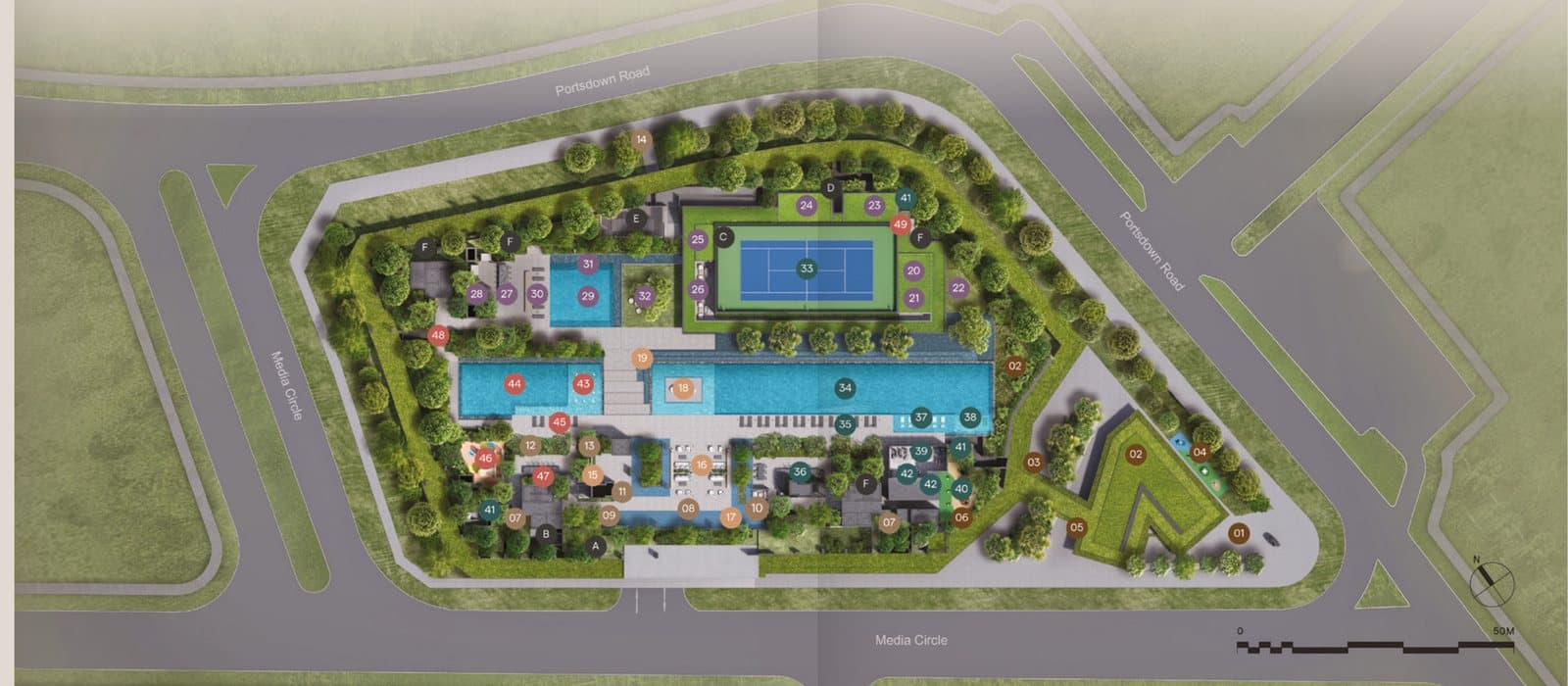 Bloomsbury Residences site plan: a site bounded by Media Circle and Portsdown Road, with a long lap pool through the middle, the tennis court and clubhouse at the Portsdown Road side and the shops at the corner.