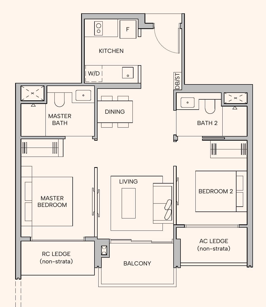 Floor plan of the Hudson Place Residences two-bedroom type B1a, 60 sq m (646 sq ft): the master bedroom and bedroom 2 sit on opposite sides of the living area, each with its own bathroom nearby; the kitchen and dining area are at the entrance, with a balcony off the living room.