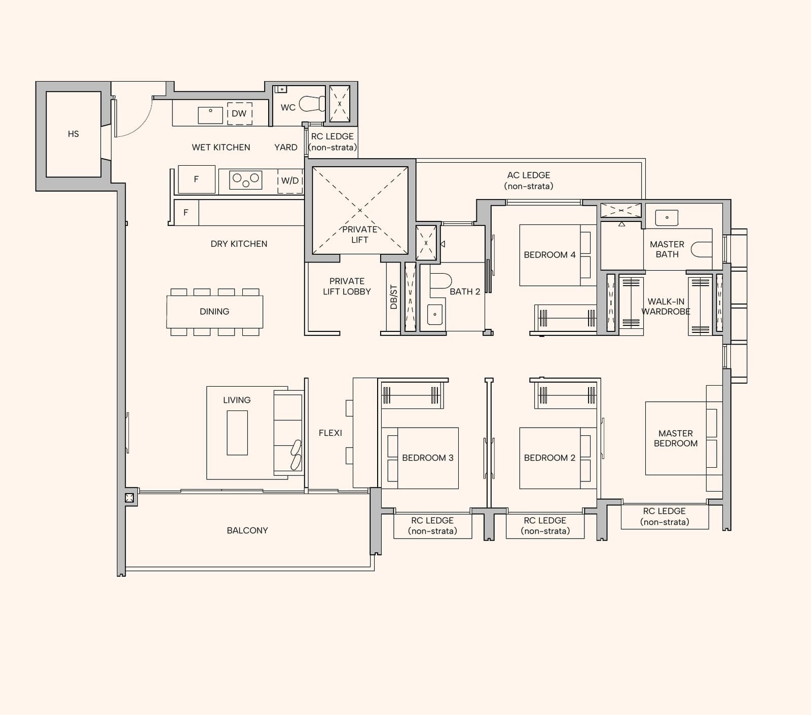 Floor plan of the Hudson Place Residences four-bedroom suite plus flexi, type D2b, 133 sq m (1,432 sq ft): a private lift opens to a private lobby beside the dry kitchen and dining area; a separate wet kitchen and yard; four bedrooms and a flexi area around the living area and balcony.