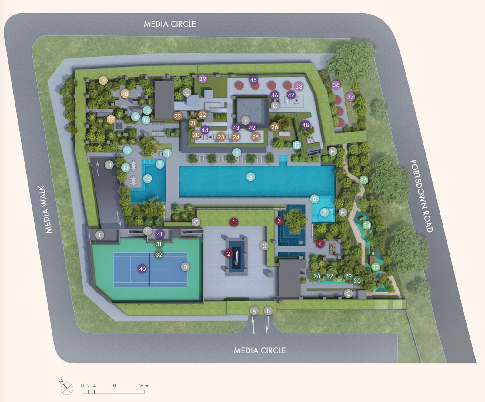 Hudson Place Residences site plan: the 50 m main pool runs across the middle of the site, the tennis court sits at the Media Walk corner, the clubhouse and social courts to the north along Media Circle, and a linear park with playgrounds along Portsdown Road.