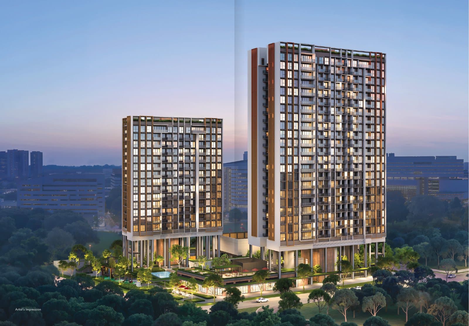 Artist's impression of Hudson Place Residences at dusk: two residential towers of different heights above a landscaped podium, with one-north's office buildings behind and trees around the site.