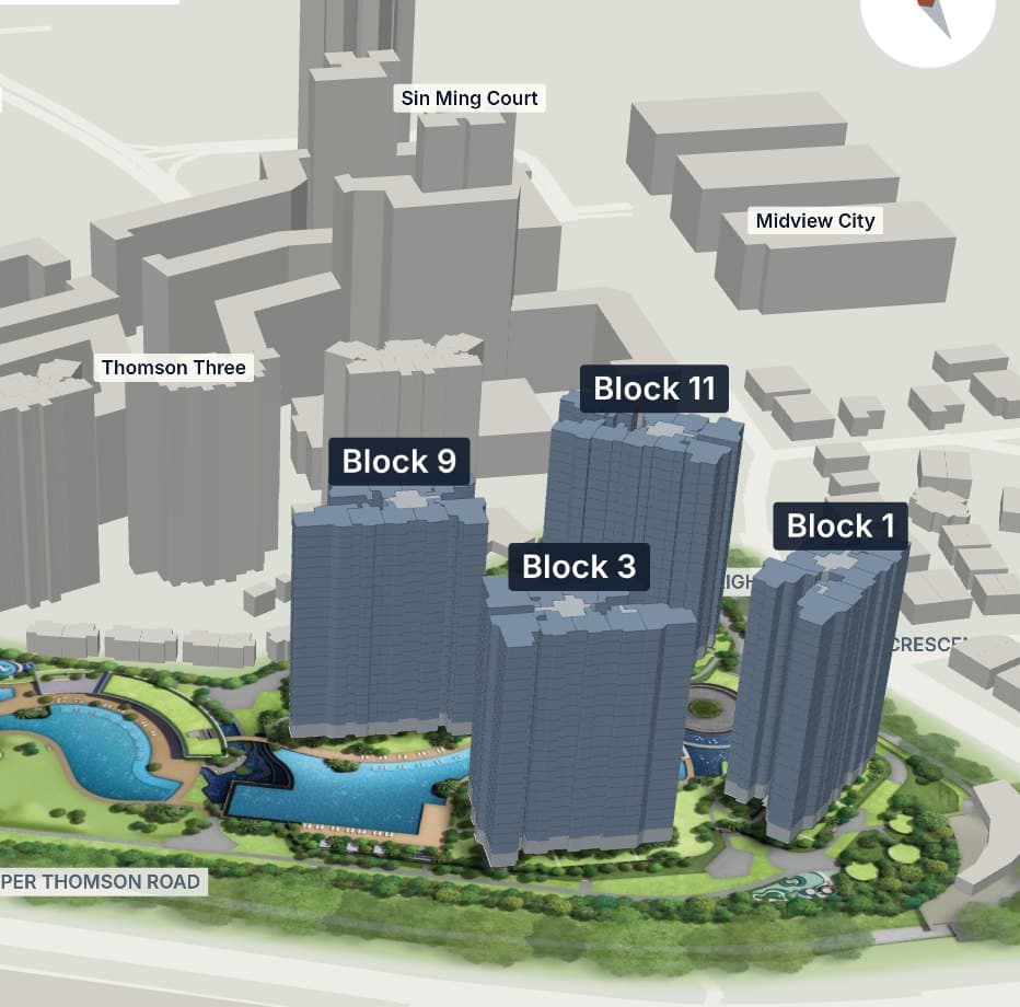 StackLens for Thomson Reserve: the towers in 3D on the site plan