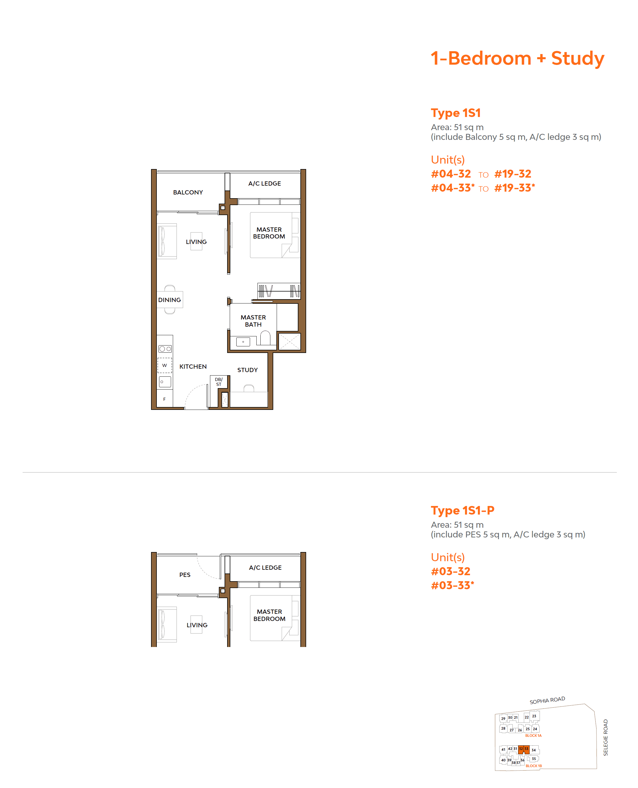The Collective At One Sophia, floor plan 1S1-P (1 Bedroom + Study)