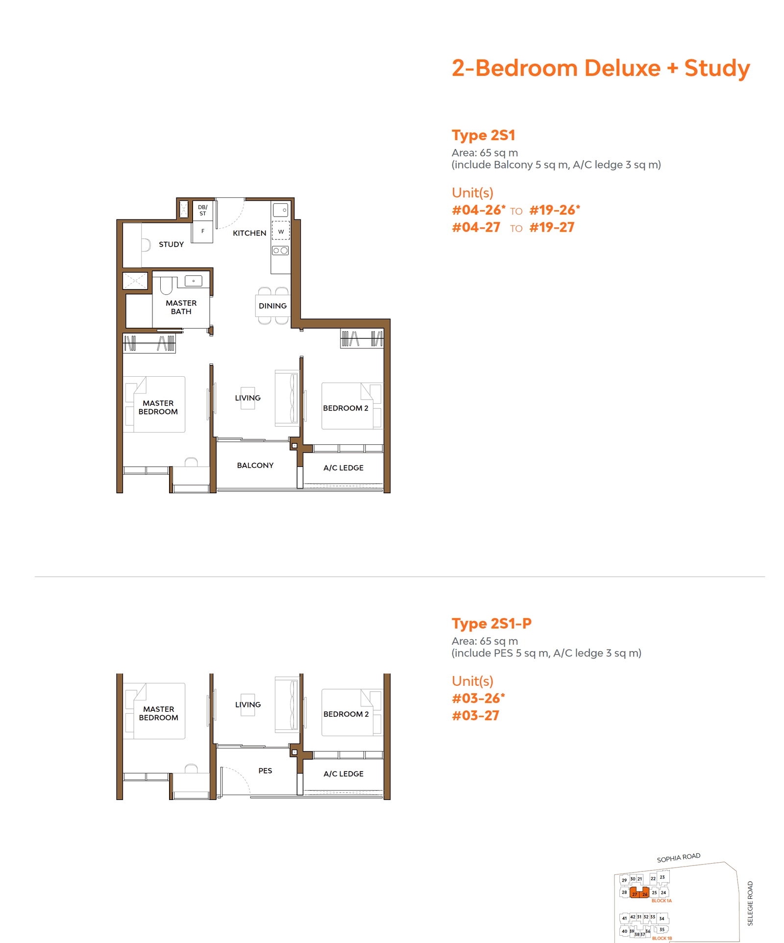 The Collective At One Sophia, floor plan 2S1-P (2 Bedroom Deluxe + Study)