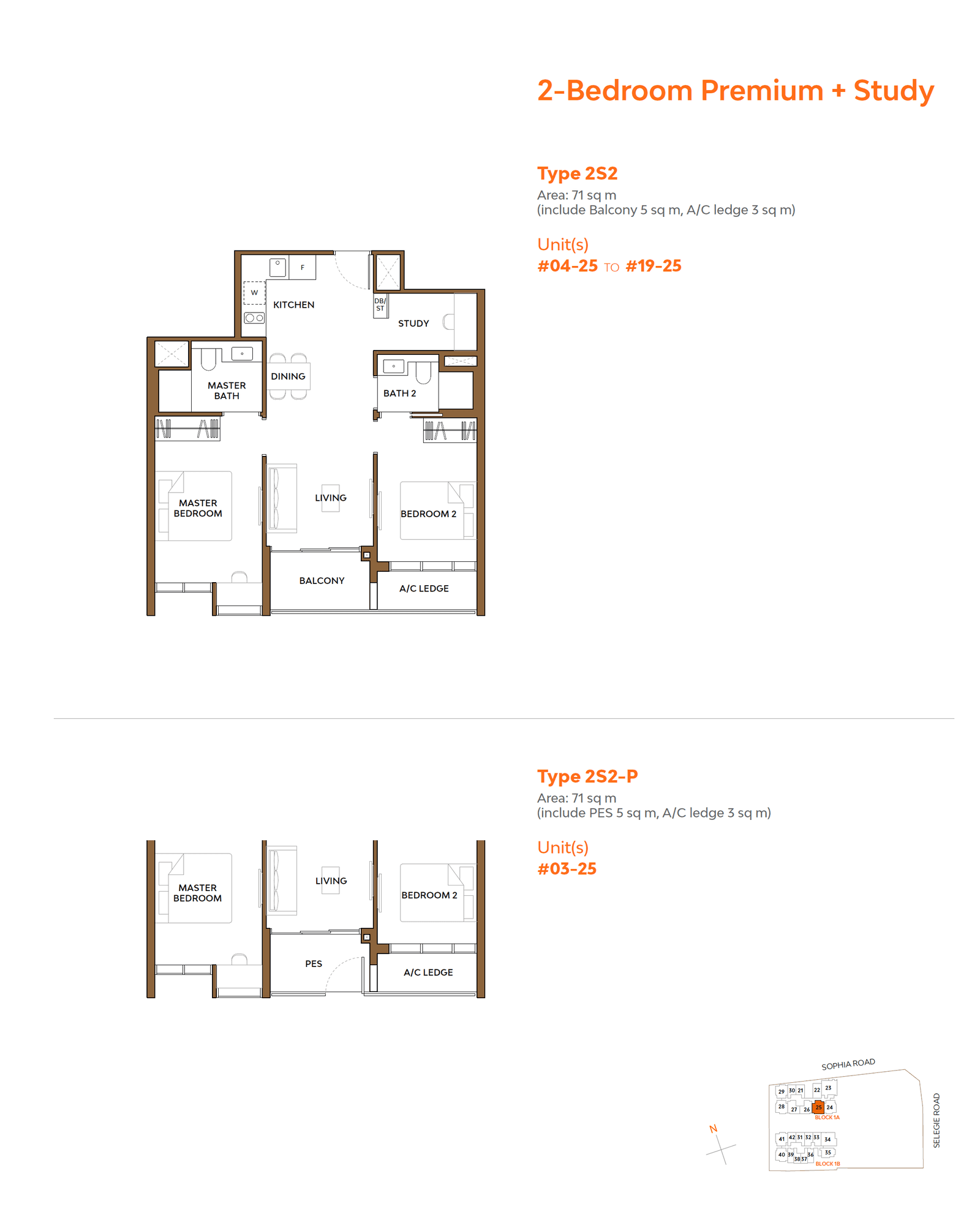 The Collective At One Sophia, floor plan 2S2-P (2 Bedroom Premium + Study)
