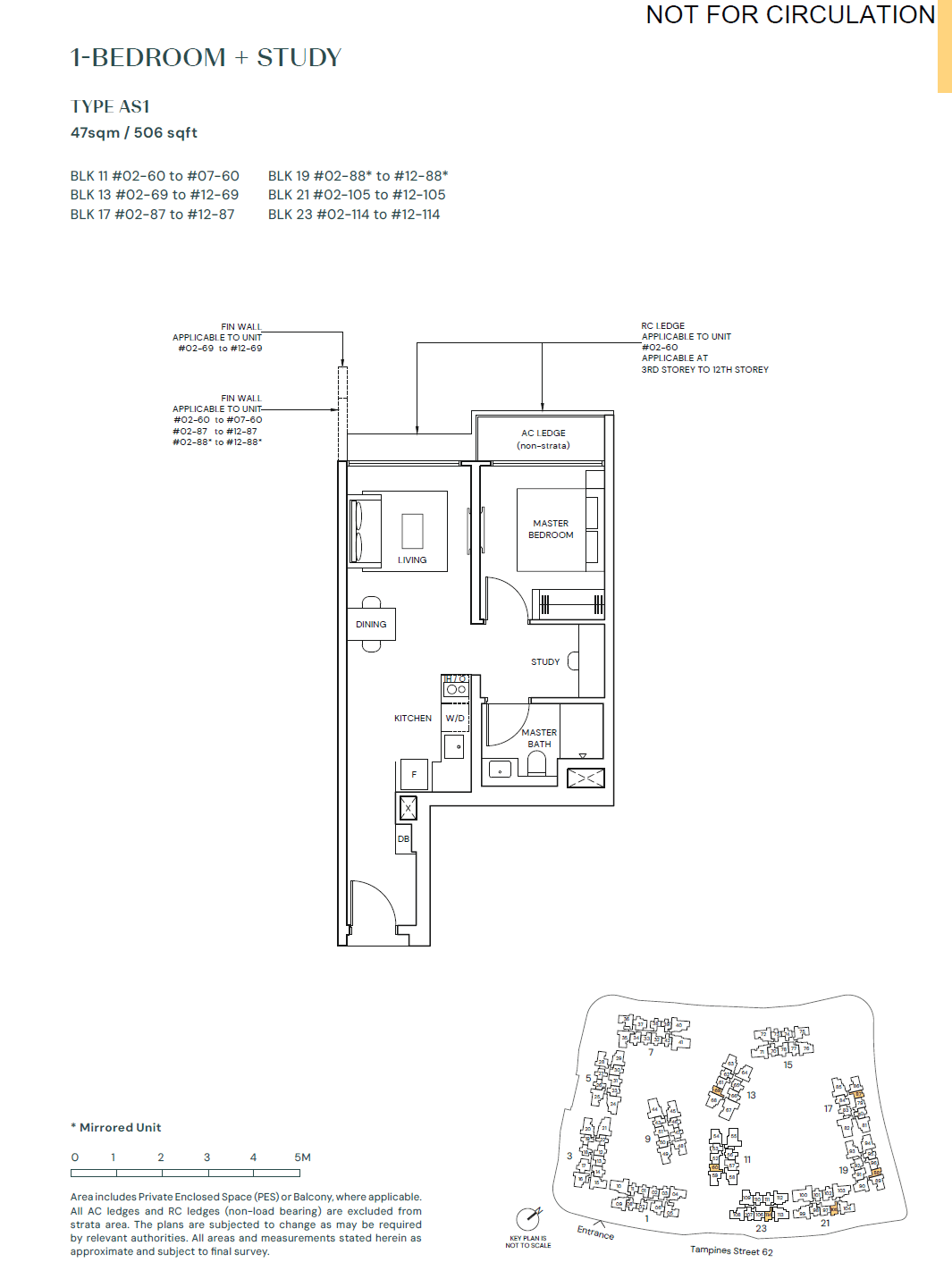 Parktown Residence, floor plan AS1 (1 Bedroom + Study)