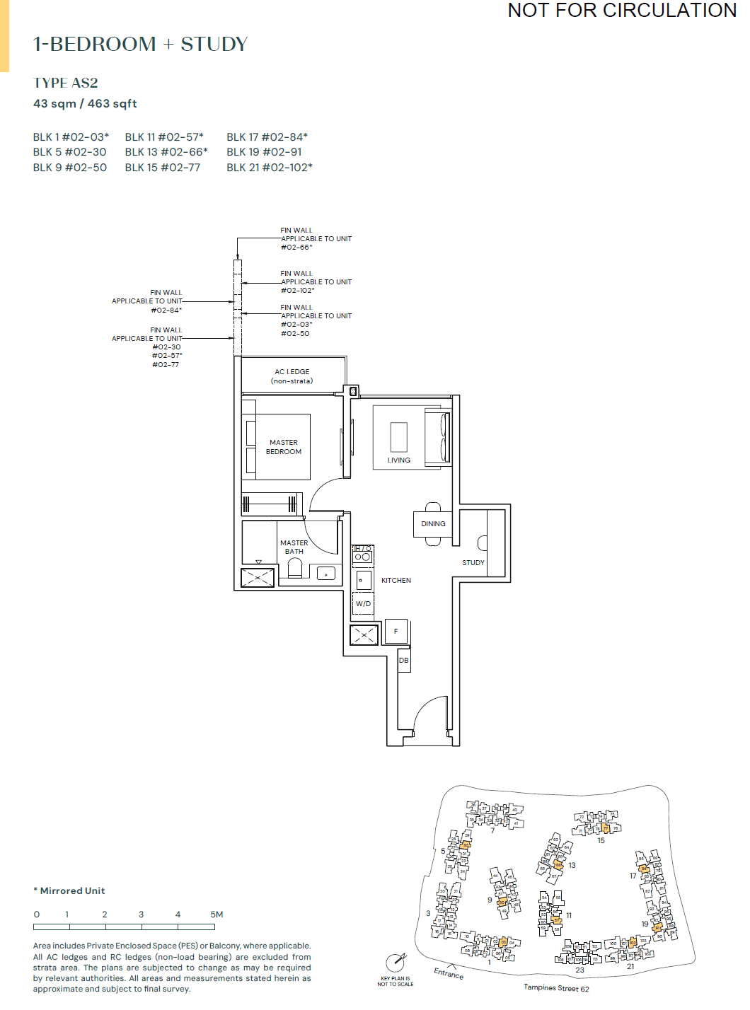 Parktown Residence, floor plan AS2 (1 Bedroom + Study)