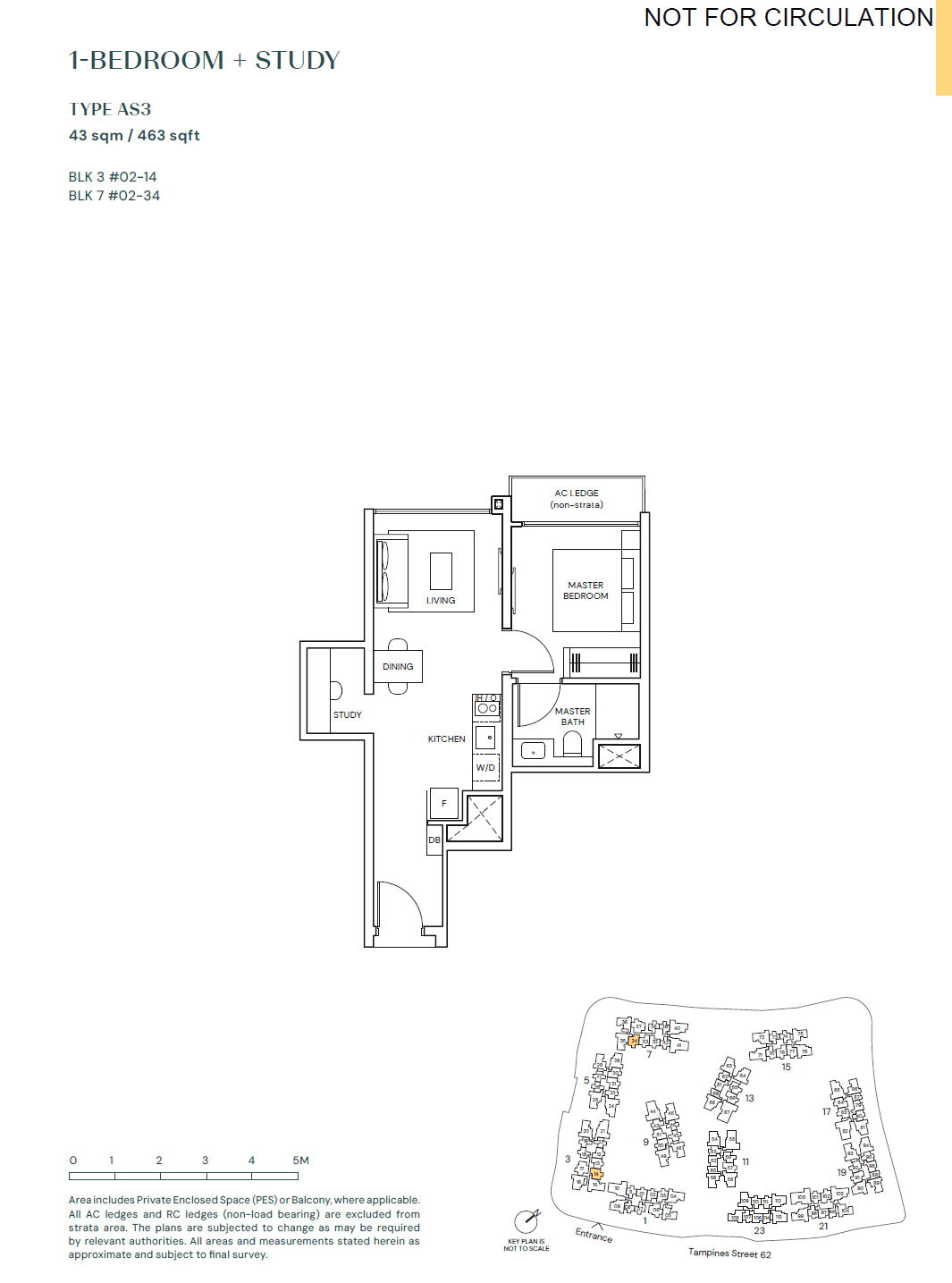 Parktown Residence, floor plan AS3 (1 Bedroom + Study)