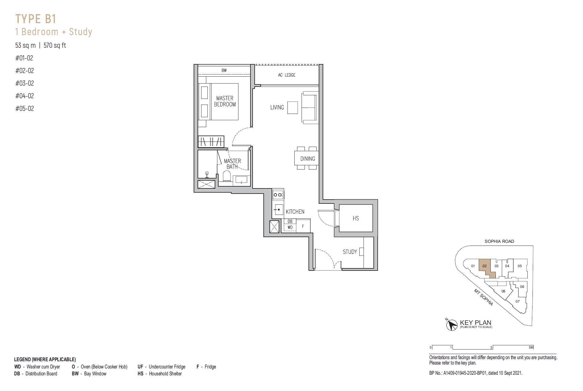 Sophia Regency, floor plan B1 (1 Bedroom + Study)