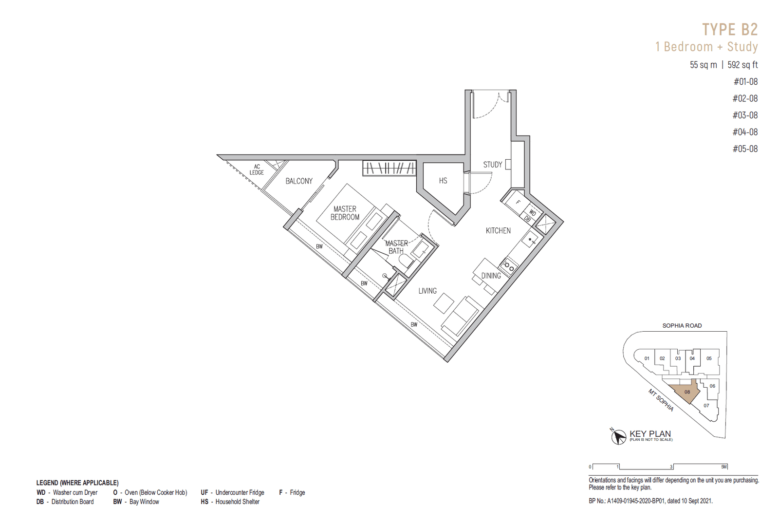 Sophia Regency, floor plan B2 (1 Bedroom + Study)